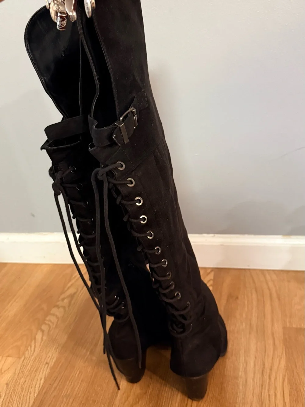 Women's Black Over-the-Knee Lace-Up Buckle Boots